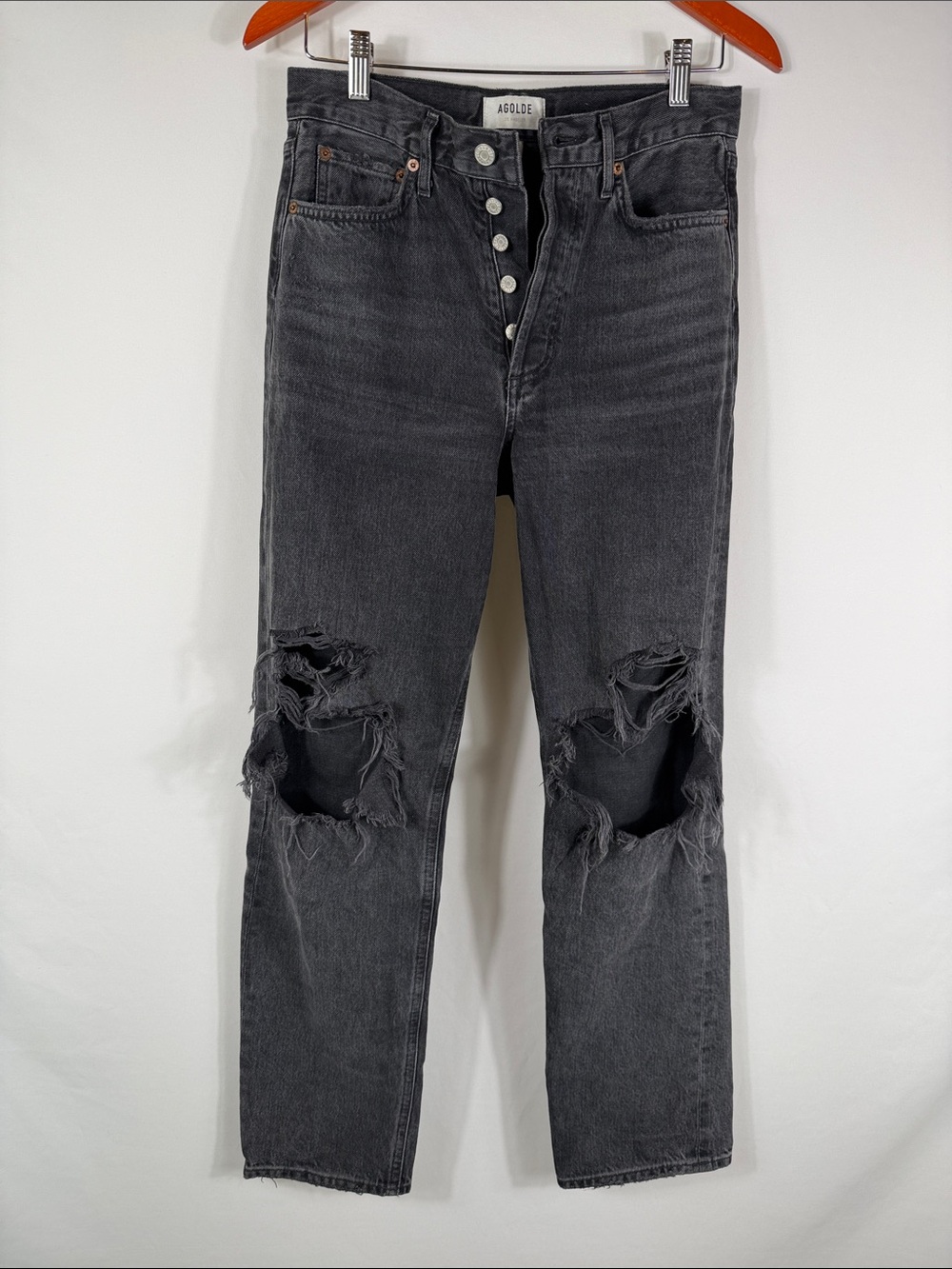 Agolde 90’s Jeans Women's Washed Black Distressed Straight-Leg Jeans. Size 24